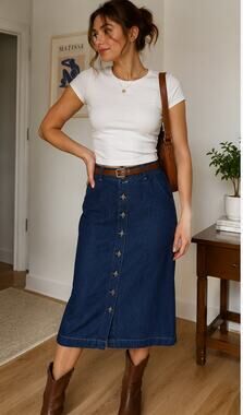 Vintage Cabin Creek Denim Button Front Midi Skirt 14P NWT Dark Wash Cottagecore
